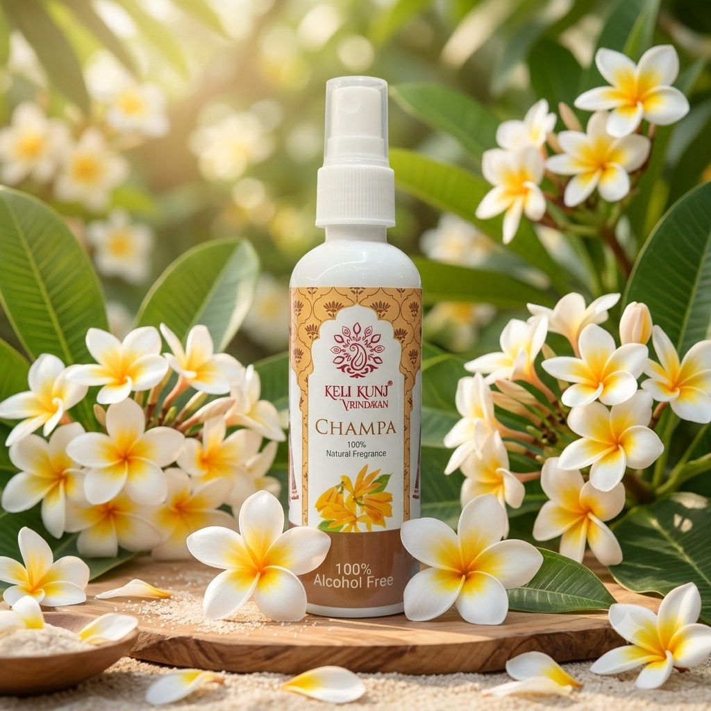 Keli Kunj Champa Perfume Spray 100ml – Alcohol-Free Premium Floral Fragranc Keli Kunj Champa Perfume Spray – 100% Alcohol-Free Natural Vetiver Fragrance | Thakur Ji & Shri Ji Seva | Room & Car Perfume