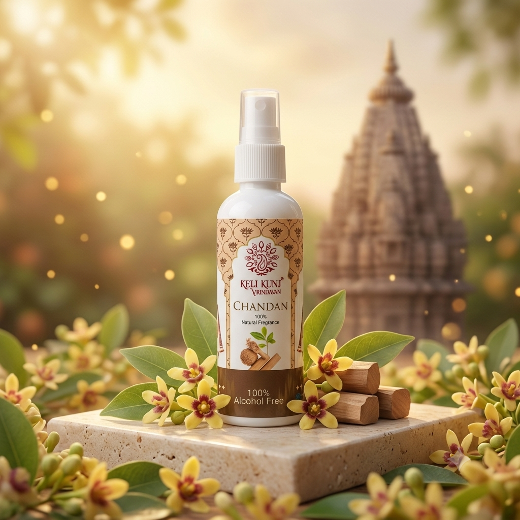 Keli Kunj Chandan Perfume Spray – 100% Alcohol-Free Natural Vetiver Fragrance Thakur Ji & Shri Ji Seva Room & Car Perfume Keli Kunj Chandan Perfume Spray 100ml – 100% Alcohol-Free Premium Sandalwood Fragrance